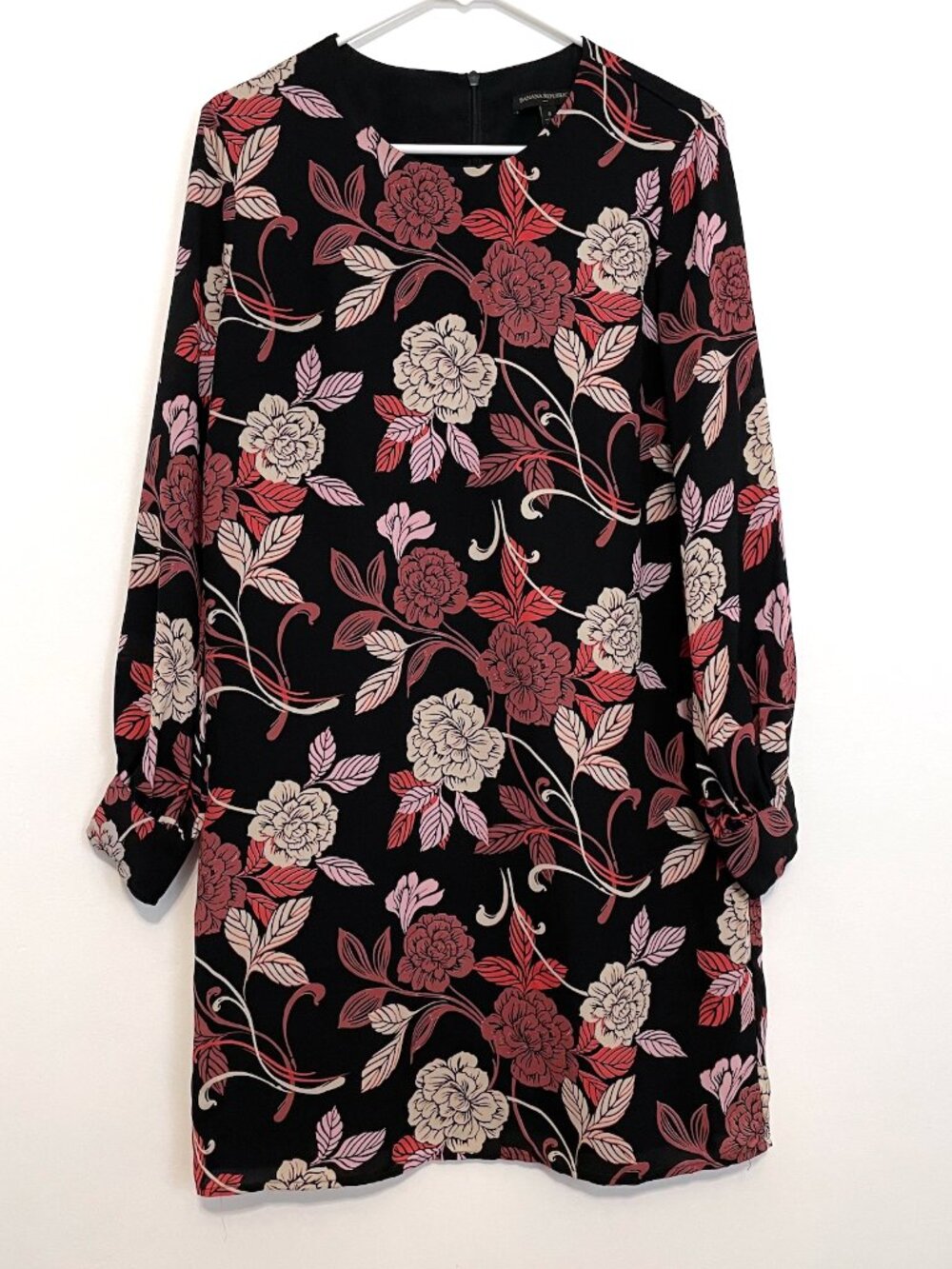 BANANA REPUBLIC Factory Black Mauve Rose Pink Tan Floral Long Sleeve Shift Dress